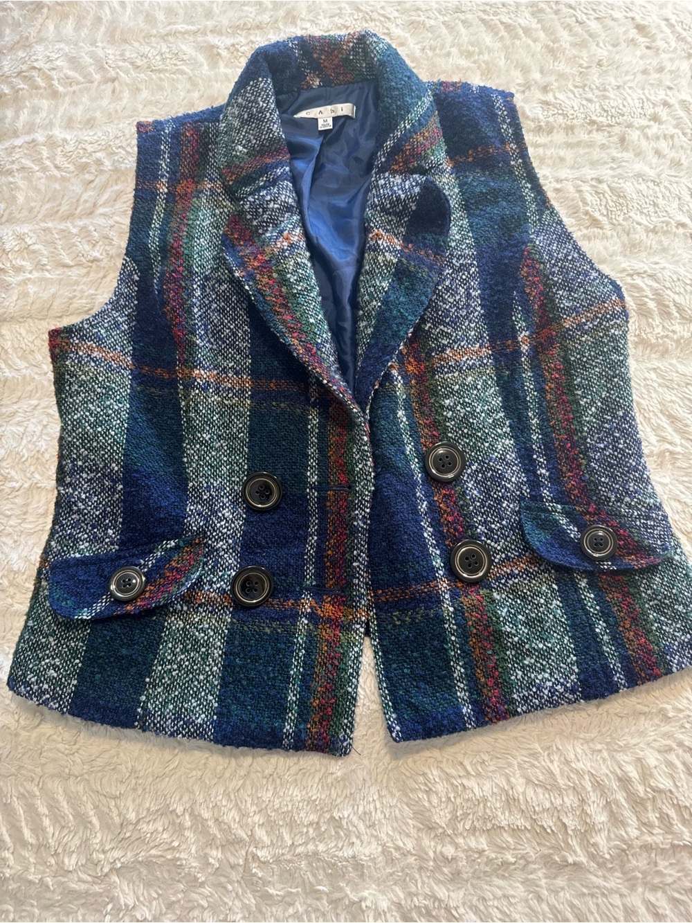 Cabi Plaid Tweed Double Breasted Vest Blue Green Medium Tailored Academia
